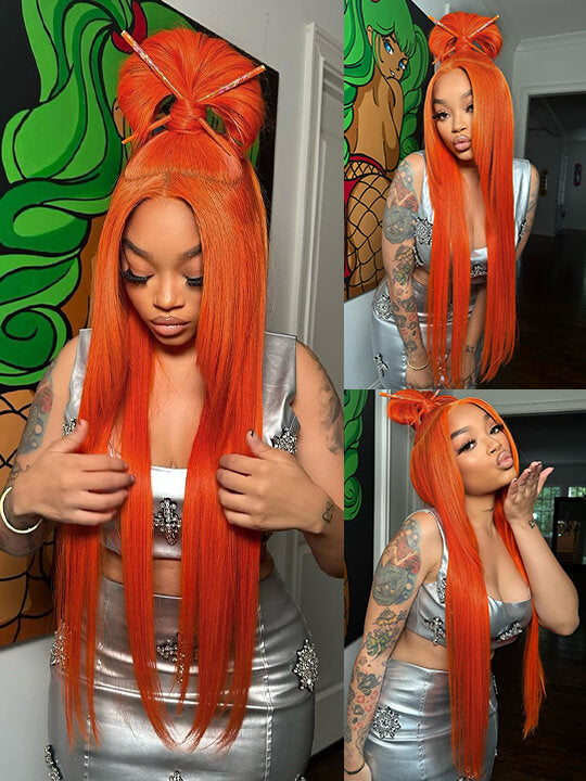 Kisslove Ginger Orange Snug Fit 360 Lace Frontal Wig Silky Straight Hair with Invisi Drawstring Cap