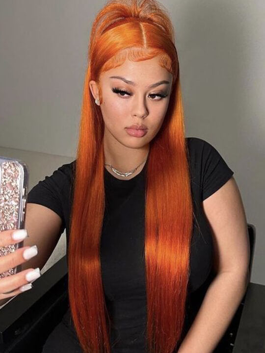 Kisslove Ginger Orange Snug Fit 360 Lace Frontal Wig Silky Straight Hair with Invisi Drawstring Cap