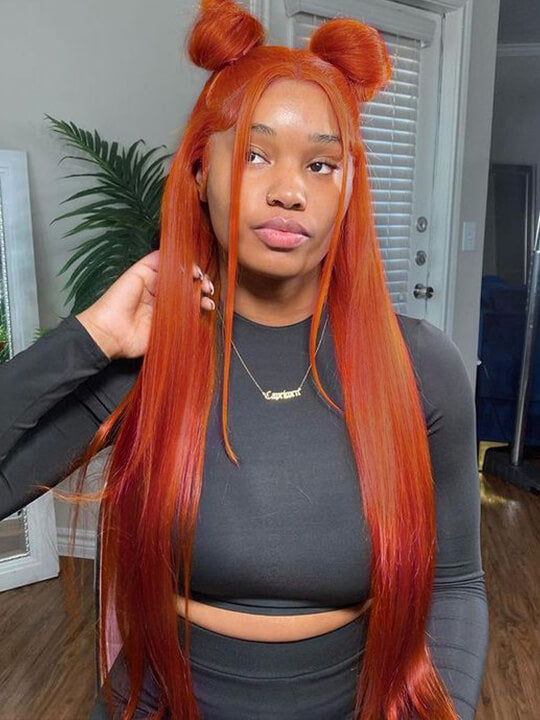 Kisslove Ginger Orange Snug Fit 360 Lace Frontal Wig Silky Straight Hair with Invisi Drawstring Cap