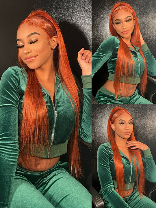 Kisslove Ginger Orange Snug Fit 360 Lace Frontal Wig Silky Straight Hair with Invisi Drawstring Cap