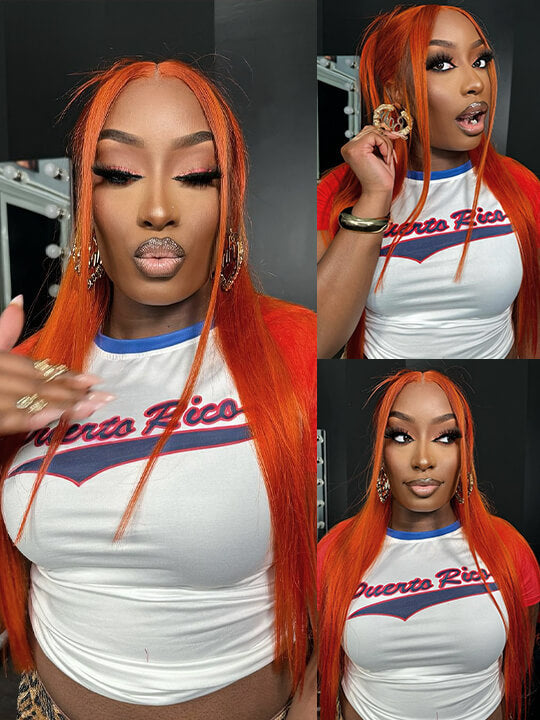 Kisslove Ginger Orange Snug Fit 360 Lace Frontal Wig Silky Straight Hair with Invisi Drawstring Cap