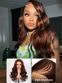 Glueless Chestnut Brown with Ginger Color Highlights Body Wave Full 13x4 13x6 Lace Frontal Human Hair Wigs
