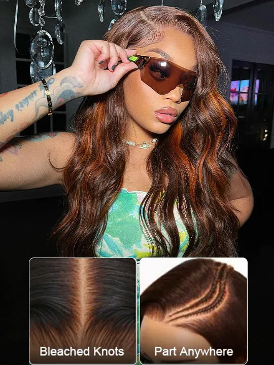 Glueless Chestnut Brown with Ginger Color Highlights Body Wave Full 13x4 13x6 Lace Frontal Human Hair Wigs