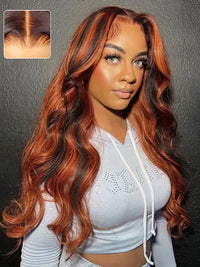 Glueless Chestnut Brown with Ginger Color Highlights Body Wave Full 13x4 13x6 Lace Frontal Human Hair Wigs