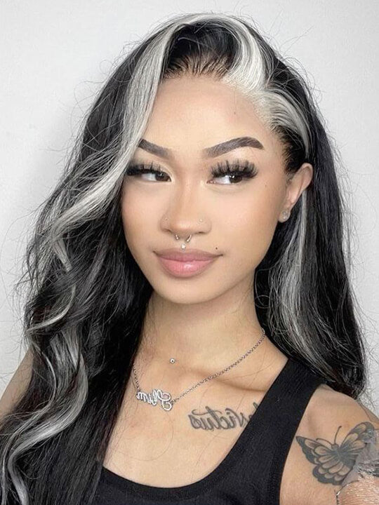 Gray Skunk Stripe Wig Highlights 3D Body Wave 13x4 HD Lace Front Human Hair Wigs