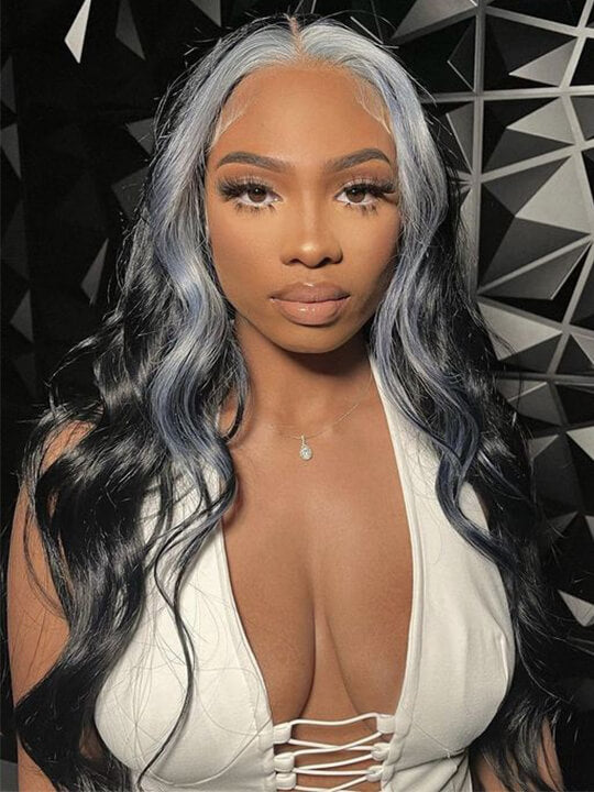 Gray Skunk Stripe Wig Highlights 3D Body Wave 13x4 HD Lace Front Human Hair Wigs
