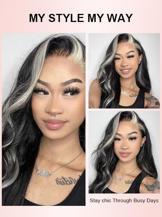 Gray Skunk Stripe Wig Highlights 3D Body Wave 13x4 HD Lace Front Human Hair Wigs