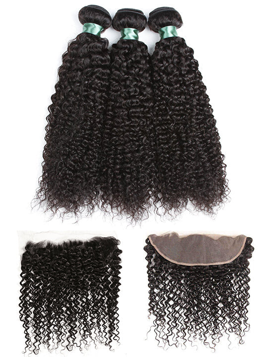 Jerry Curly 3 Bundles With 13*4 HD Lace Frontal 12A Brazlian Virgin Human Hair Weave