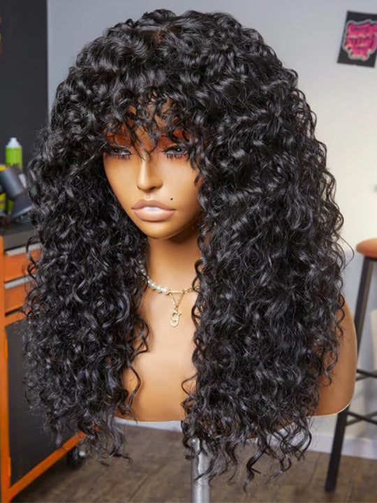 Bouncy Natural Wave Wig with Bangs Glueless 3x1 Lace Pull & Go Drawstring Wig