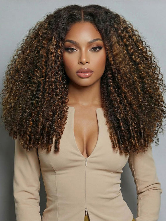 Kisslove Hair Brown Highlight Burmese Curly 13x6 Lace Frontal Wig Pre Everything Glueless Human Hair Wig
