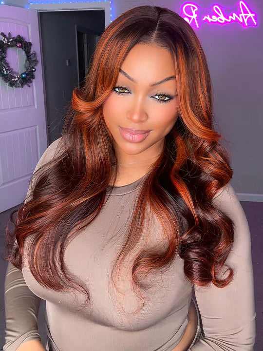 Kisslove Balayage Chestnut Brown with Ginger Highlight Body Wave Wigs Invisi Strap 360 Lace Frontal Wig
