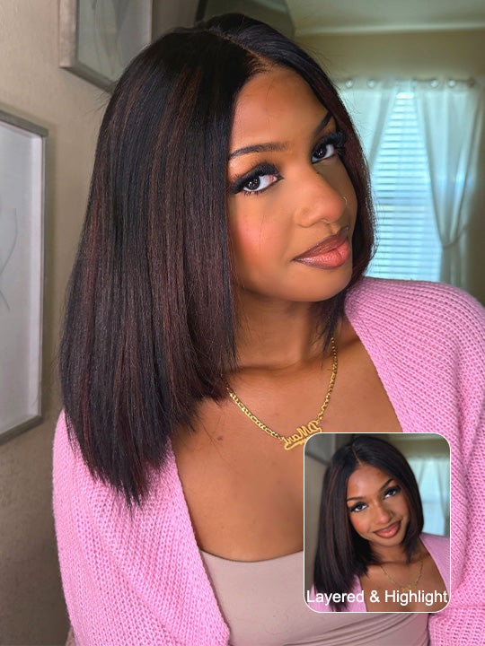 Kisslove Hair Brown Highlight Silky Press Yaki Straight Bob Wig 13x4 Lace Frontal Short Bob Wigs