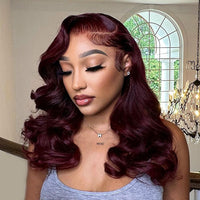 Burgundy Hair Color 3D Body Wave 13x4 Lace Frontal Wig Black Cherry Dark Burgundy Human Hair Wigs