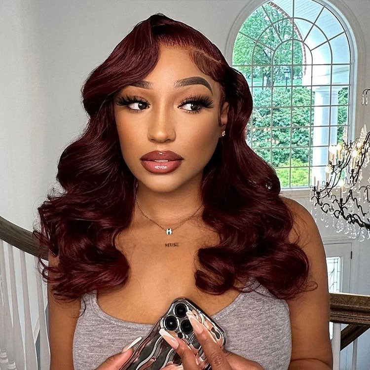 Burgundy Hair Color 3D Body Wave 13x4 Lace Frontal Wig Black Cherry Dark Burgundy Human Hair Wigs