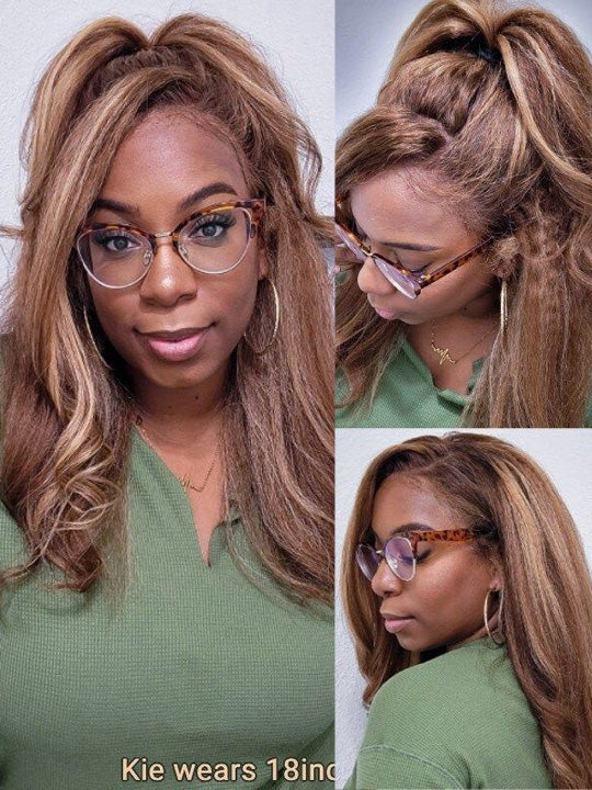 KissLove Honey Blonde Highlights 360 Lace Wig Kinky Straight Hair with Glueless Invisi-Drawstring Cap