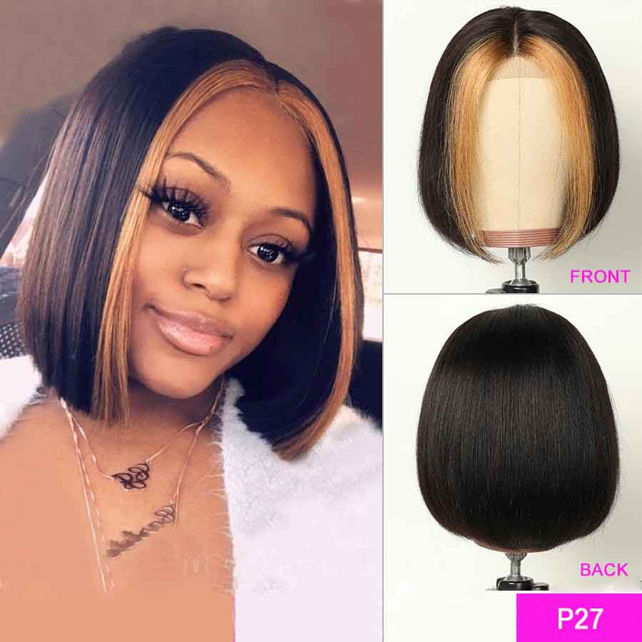 Skunk Stripe Highlight Bob Wig 13x4 Transparent Lace Front Human Hair Wigs Straight Hair