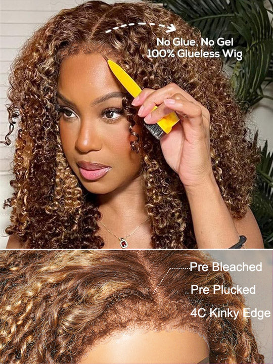 Honey Blonde Highlights Kinky Curly Short Bob Wig Glueless Lace Closure Bob Wigs