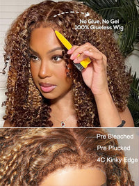 Honey Blonde Highlights Kinky Curly Short Bob Wig Glueless Lace Closure Bob Wigs