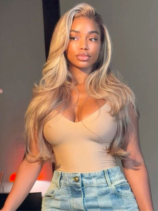 Light Flaxen Brown With Blonde Highlights 3D Body Wave 13x4 Lace Front Human Hair Wigs