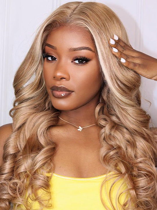 Light Flaxen Brown With Blonde Highlights 3D Body Wave 13x4 Lace Front Human Hair Wigs