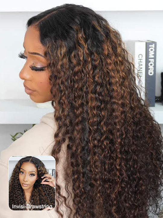Kisslove Black Hair With Brown Highlights Water Wave Wig Pre Everything Invisi Drawstring 360 Lace Frontal Wig