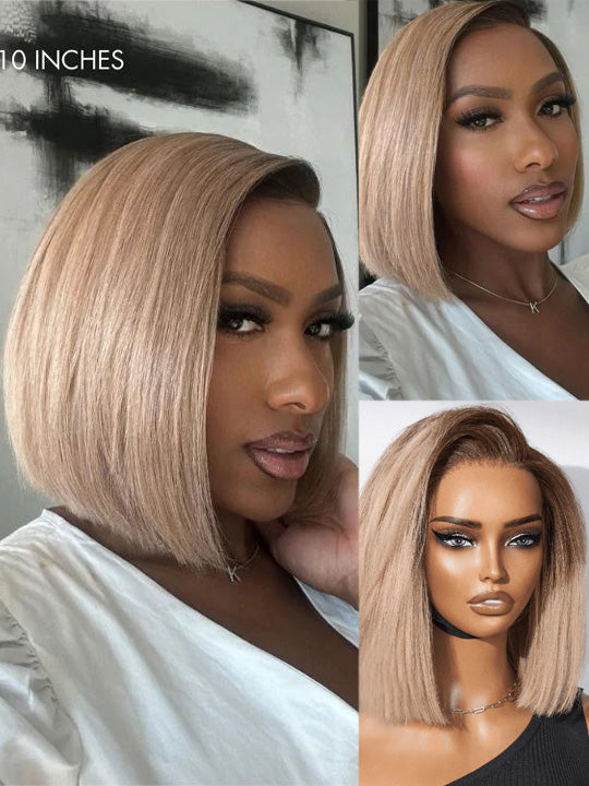 [Wear & Go] Ash Blonde with Dark Root Straight Bob Wig 13x4 Transparnt Lace Glueless Wig