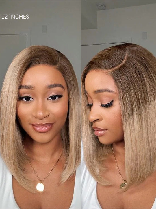 [Wear & Go] Ash Blonde with Dark Root Straight Bob Wig 13x4 Transparnt Lace Glueless Wig
