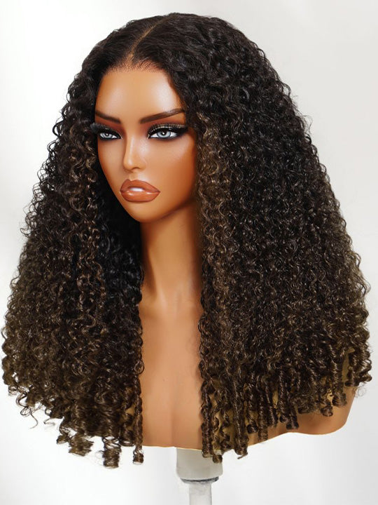Ombre Black to Chestnut Brown Burmese Curly With Finger Coil Ends Wig Pull Go Invisi Drawstring Wig