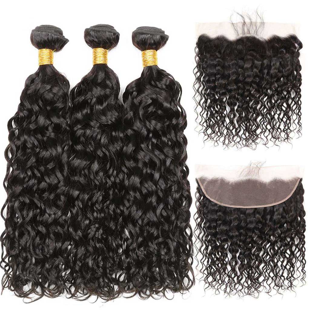13*4 HD Lace Frontal Closure With Bundles Water Wave 12A Brazilian Virgin Hair Weave