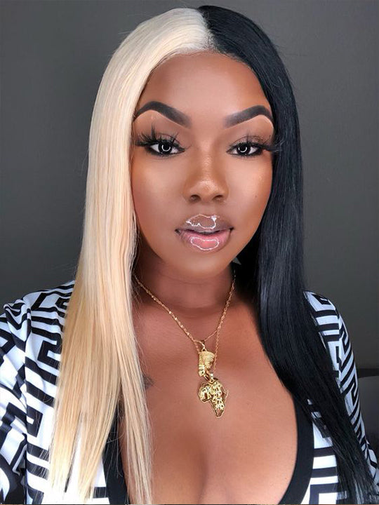Cruella Half 613 Blonde Half Black Hair Wig Straight 4x4/13x4/13x6 Lace Frontal Human Hair Wigs