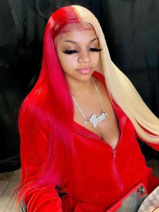Half 613 Blonde Half Red Hair Bone Straight 5x5/13x4 Lace Human Hair Wigs 180% Density