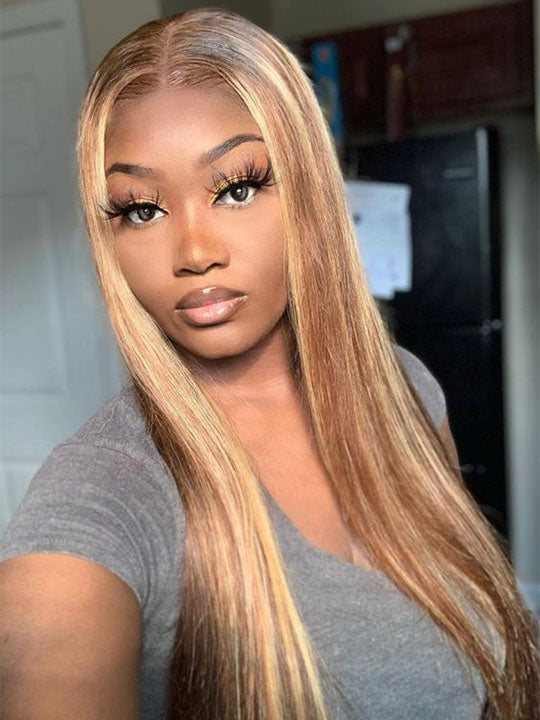 Kisslove Brown Highlights Straight Human Hair Wigs Pre-bleached Invisi Strap Snug Fit 360 Lace Frontal Wig