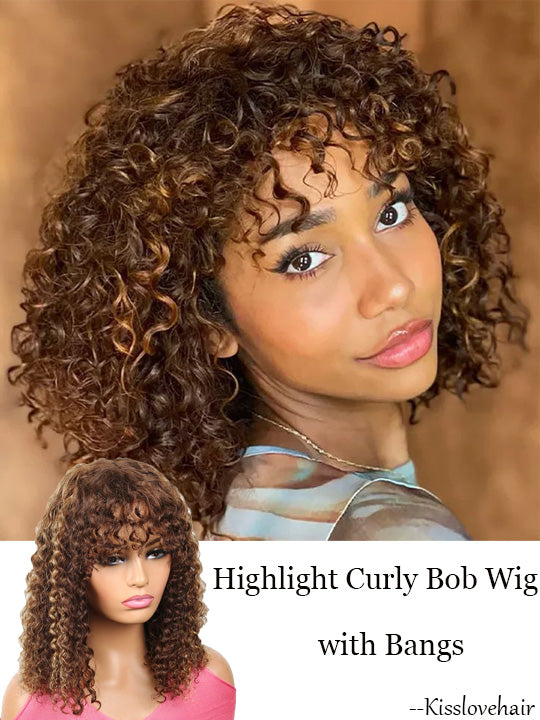 [Wear & Go] Highlight Bob Wig With Bangs Curly Glueless Wig 100% Human Hair