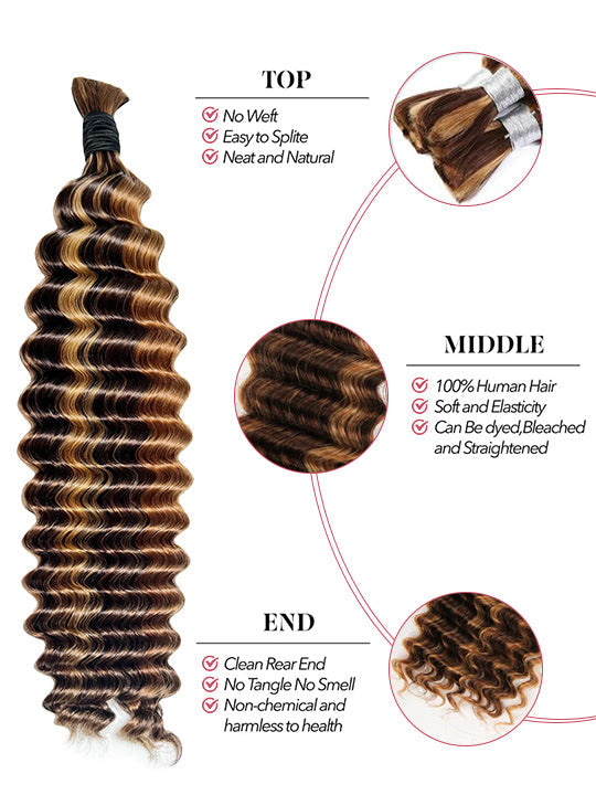 Highlight Brown Bulk Hair For Braiding Human Hair Deep Wave Braids Human Hair Extension No Weft