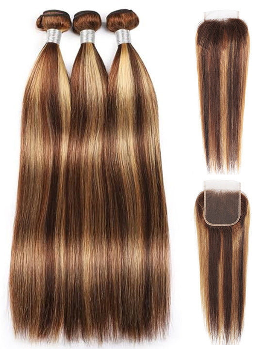P4/27 Highlight Straight Human Hair 3 Bundles With Closure 12A Brazilian Hair