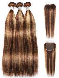 P4/27 Highlight Straight Human Hair 3 Bundles With Closure 12A Brazilian Hair