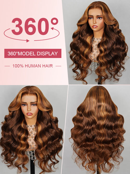 Curtain Bangs Highlight Wig 13x4 HD Lace Wigs 3D Body Wave 100% Human Hair