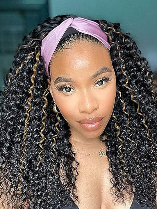 1B/30 Highlight Glueless None Lace Wig Deep Wave Human Hair Headband Wigs