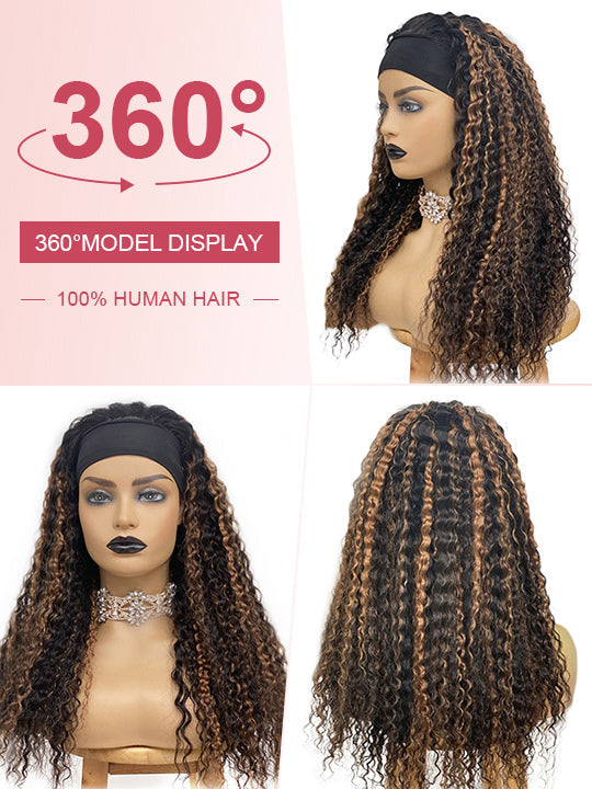 1B/30 Highlight Glueless None Lace Wig Deep Wave Human Hair Headband Wigs