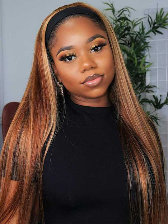 Honey Blonde Highlight Straight Hair Headband Wigs Beginner Friendly Glueless Human Hair Wigs