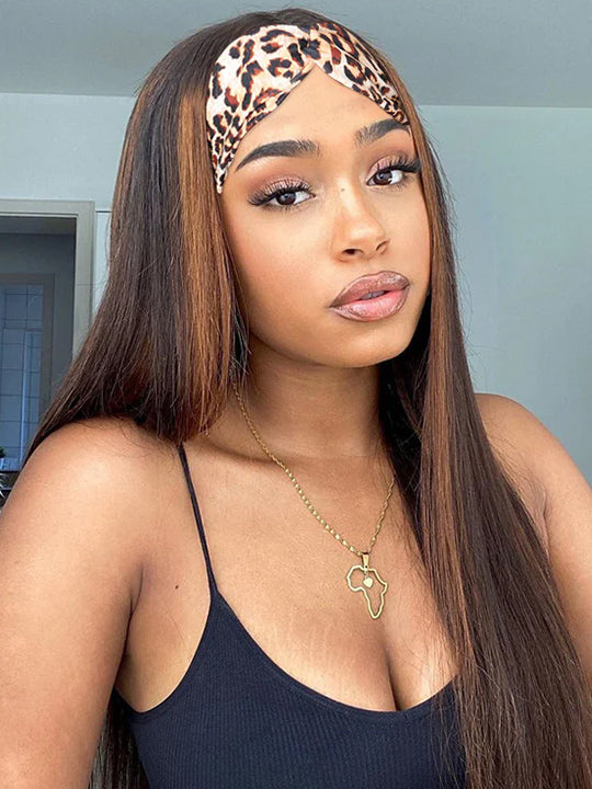 Honey Blonde Highlight Straight Hair Headband Wigs Beginner Friendly Glueless Human Hair Wigs