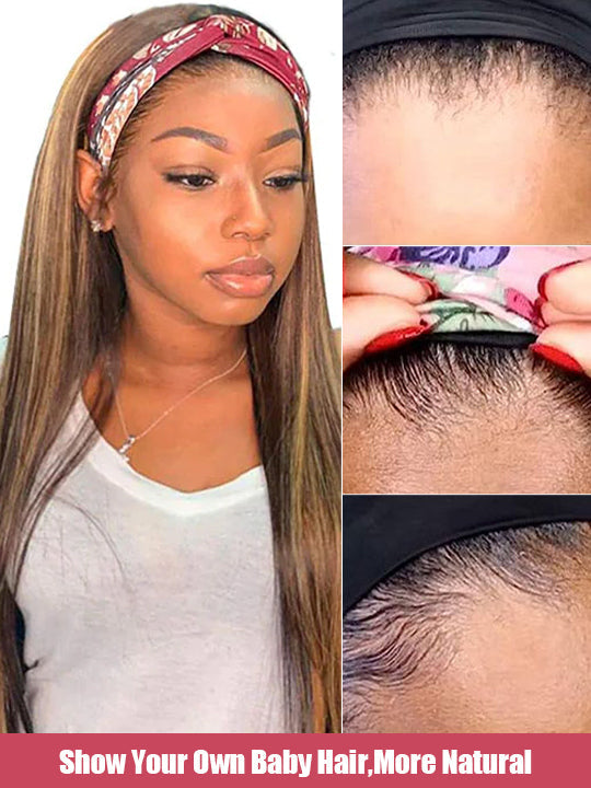 Honey Blonde Highlight Straight Hair Headband Wigs Beginner Friendly Glueless Human Hair Wigs