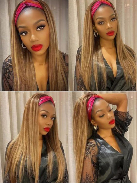 Honey Blonde Highlight Straight Hair Headband Wigs Beginner Friendly Glueless Human Hair Wigs