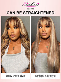 Highlight Wig With Bangs 3D Body Wave Full Machine Made Glueless Human Hair Wigs