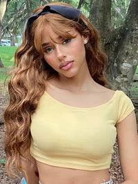 Highlight Wig With Bangs 3D Body Wave Full Machine Made Glueless Human Hair Wigs