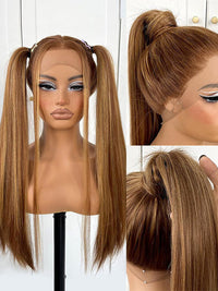 Kisslove Brown Highlights Straight Human Hair Wigs Pre-bleached Invisi Strap Snug Fit 360 Lace Frontal Wig