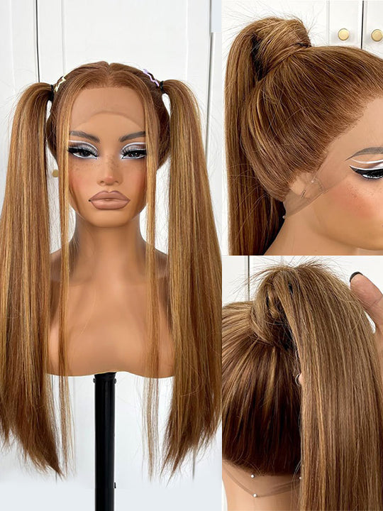 Kisslove Brown Highlights Straight Human Hair Wigs Pre-bleached Invisi Strap Snug Fit 360 Lace Frontal Wig