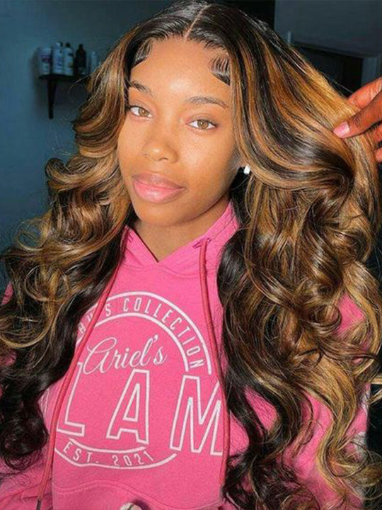 Kisslove Invisi-Drawstring Snug Fit 360 Lace Wig Glueless Black Hair With Brown Highlights