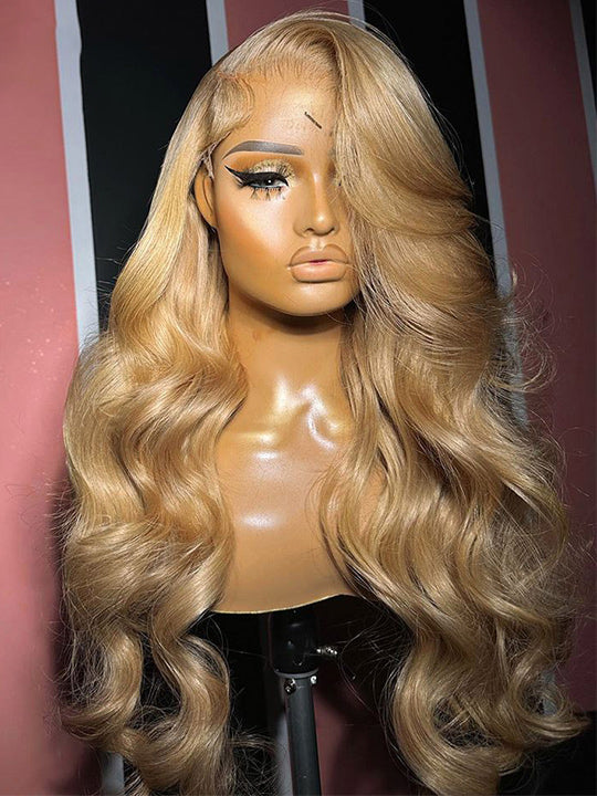 #27 Honey Blonde 3D Body Wave 5x5 13x4 Lace Front Wig Pre Plucked Light Brown Colored Wig