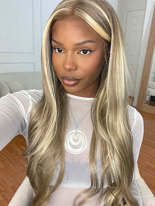 Barbie Blonde Wig With Brown Highlights Straight Hair & Body Wave 13x4 Lace Frontal Wigs